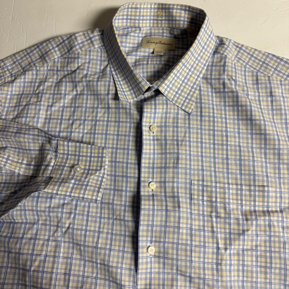 Tommy Bahama Mens Shirt Plaid Blue Yellow Long Sleeve Button Up Size 17 1/2